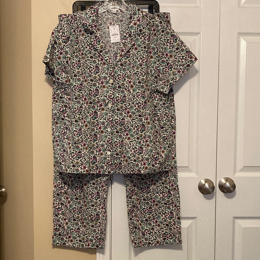 JCrew Factory short sleeve printed woven top and cropped pant pajama set